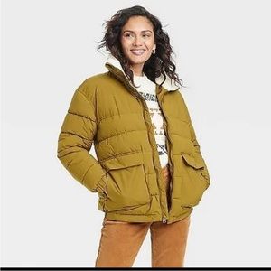 New with Tags Olive Green Puffer Jacket Fleece Collar XS